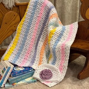 Colorful Handmade Crochet Blanket/Throw and Hat with Flower Accent